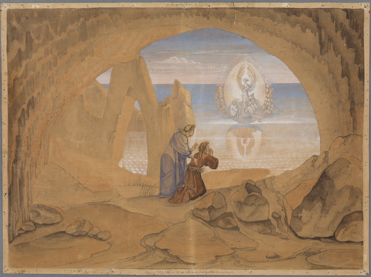 Dante ser en lille båd ledet af en engel, hvori sjæle bringes til skærsilden af Johann Anton Ramboux