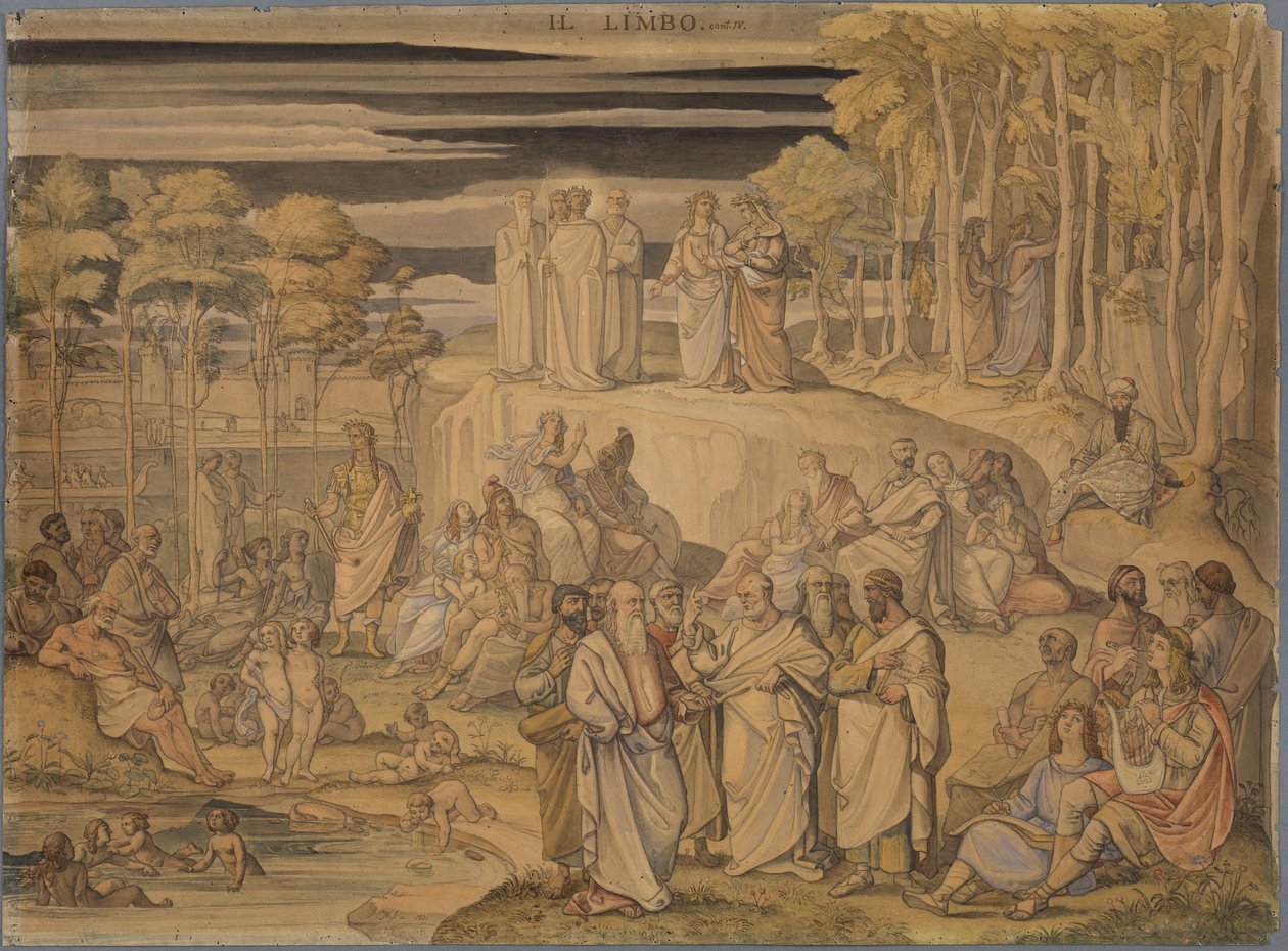 Dante i Limbus, det vil sige det sted, hvor de gode sjæle, men ikke de døbte mennesker, opholder sig. Her møder han de store ånder fra antikken og de uskyldige børn af Johann Anton Ramboux