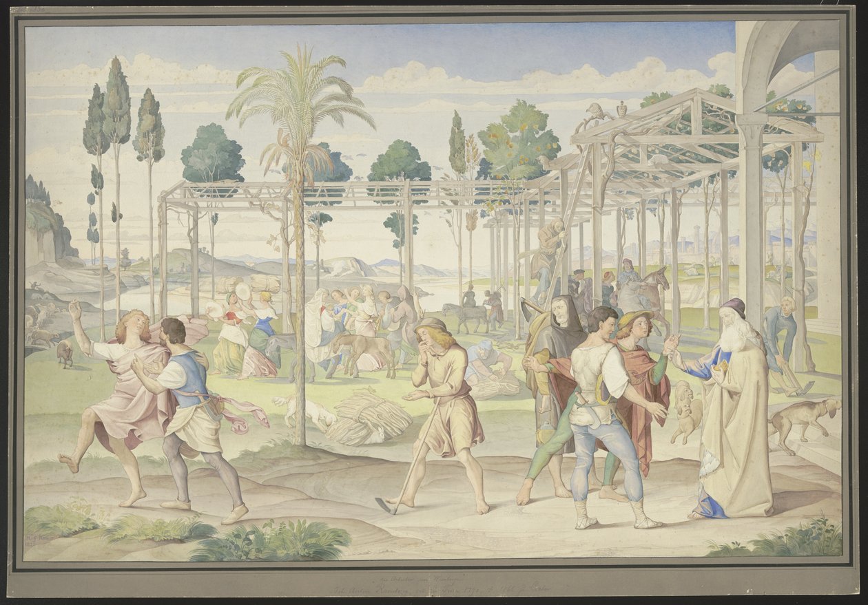Lignelsen om arbejderne i vingården, inspireret af Primaticcios »Vertumnus’ have« og Poussins »Floraens rige« af Johann Anton Ramboux