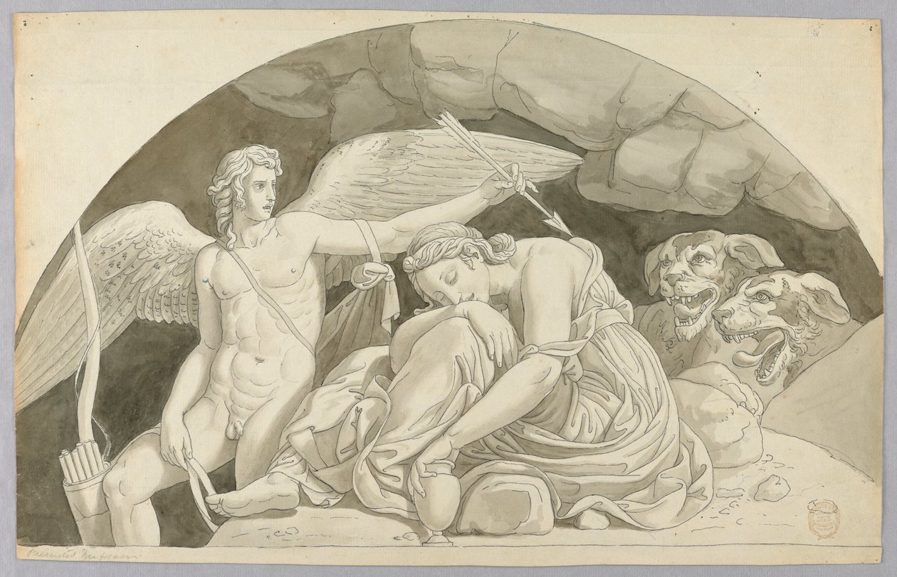 Amor vækker psyken overvundet af indholdet af vasen fyldt af Proserpine af Johann August Nahl the Younger