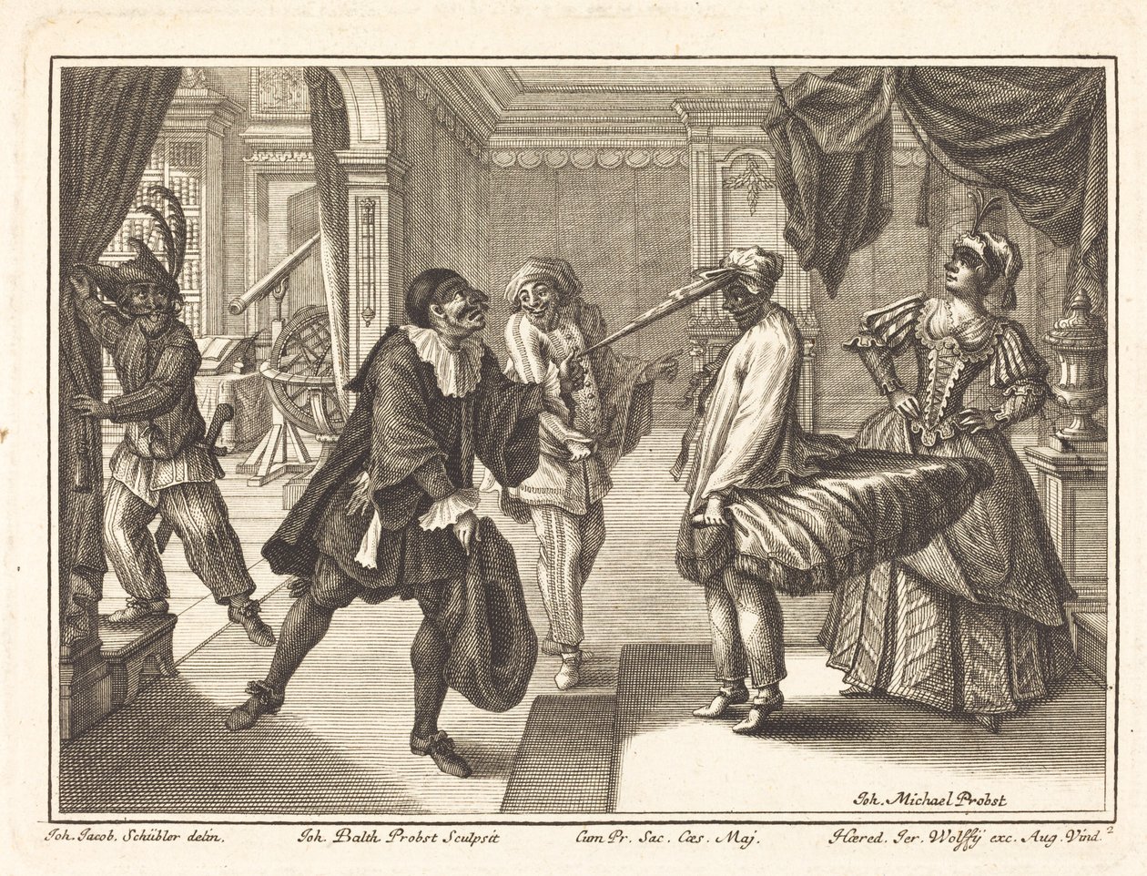 Harlekin hos Dr. Polovards hus af Johann Balthasar Probst after Johann Jacob Schübler