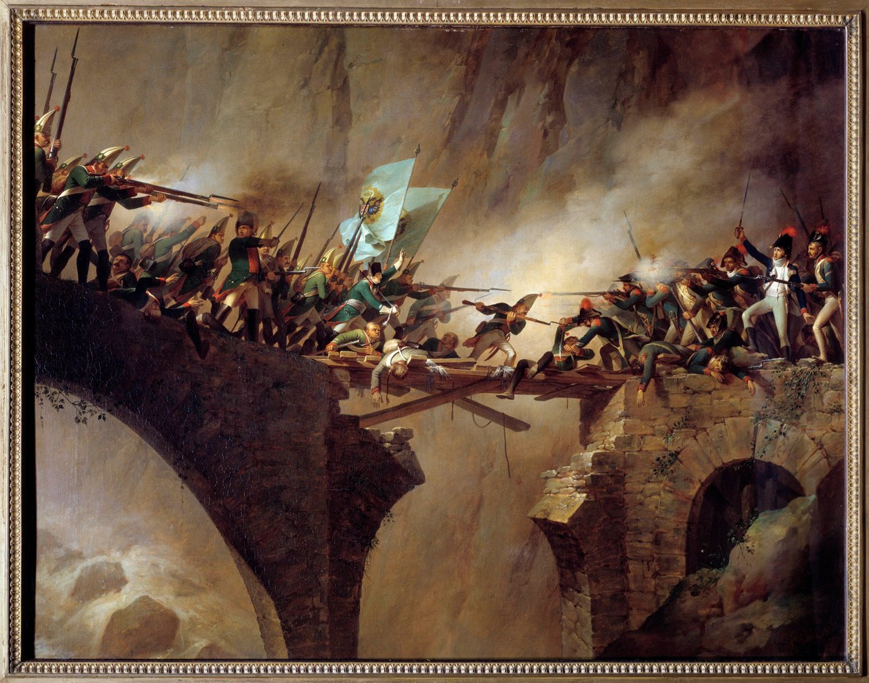 Battles of the Second Coalition: "" Passagen af Djævlebroen til Gotthardpasset i Schweiz af den russiske marechal Alexander Souwaroff (Souvaroff eller Souvarov eller Alexander Suvorov) (1729-1800) 26/09/1799 for at afvise våbenene fra Fransk Revolu af Johann Baptist Seele