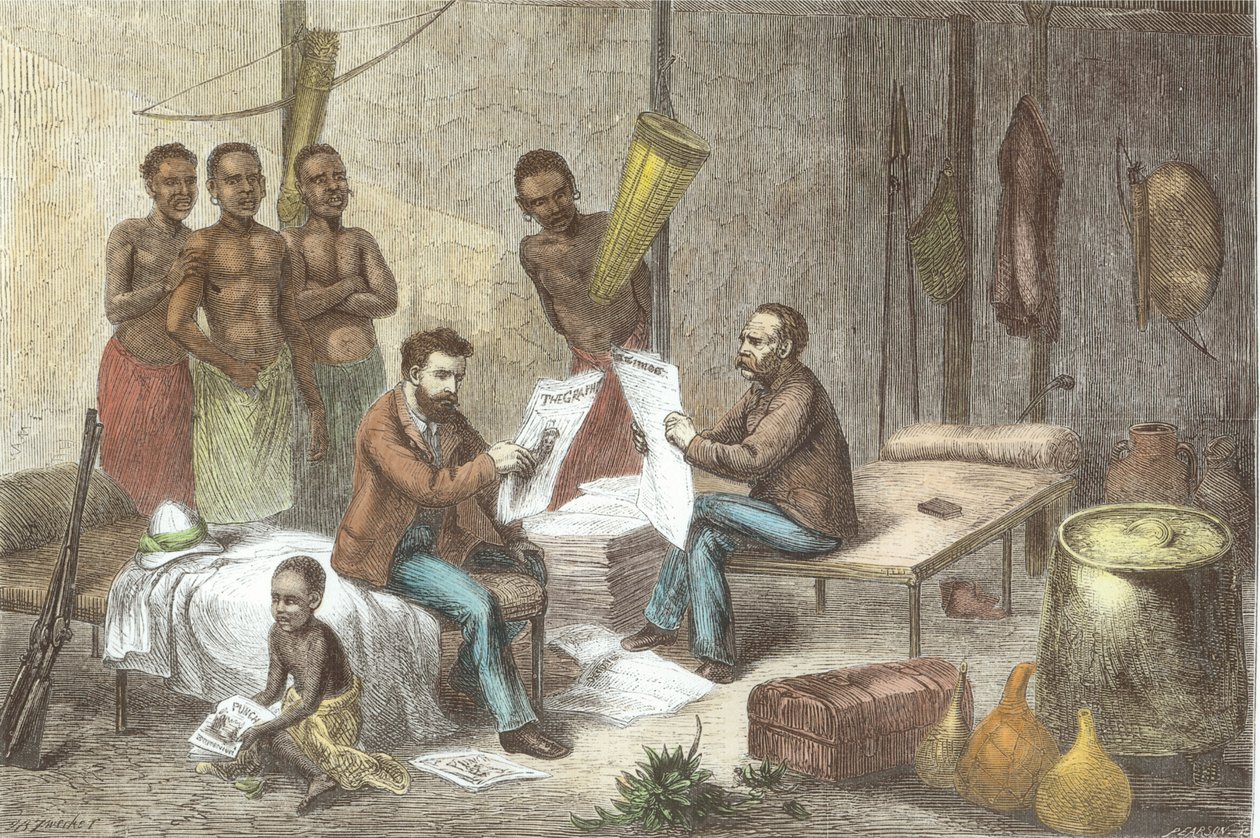 Dr. David Livingstone (1813-73) og Mr. Henry Morton Stanley (1841-1904) modtager aviser i Centralafrika, indgraveret af Pearson (senere farvelægning) af Johann Baptist Zweecker
