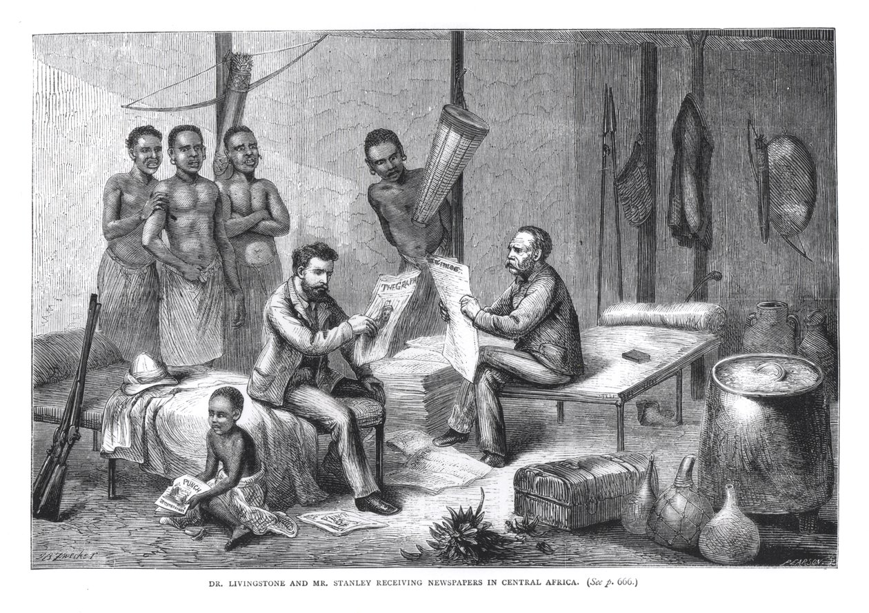 Dr. David Livingstone (1813-73) og Mr. Henry Morton Stanley (1841-1904) modtager aviser i Centralafrika, indgraveret af Pearson af Johann Baptist Zweecker