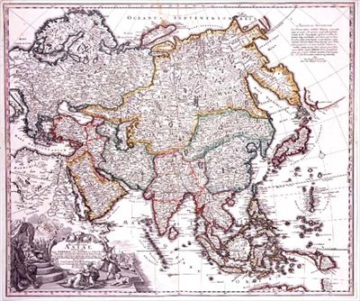 Lilleasien, Arabien og Japan, ca. 1725 (farvet gravering) af Johann Baptista Homann