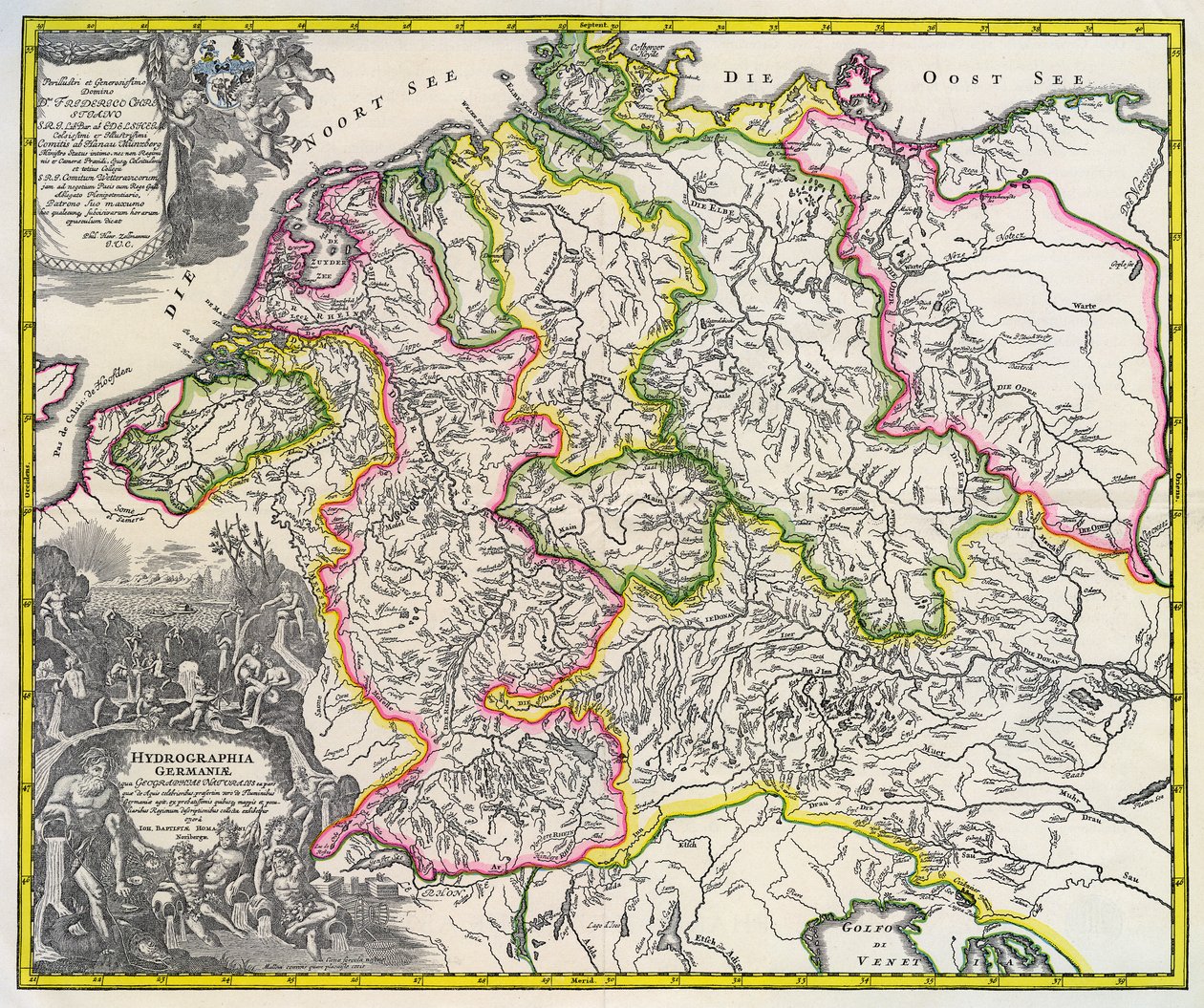 Hydrografisk kort over Tyskland, omkring 1720 (gravering) af Johann Baptista Homann