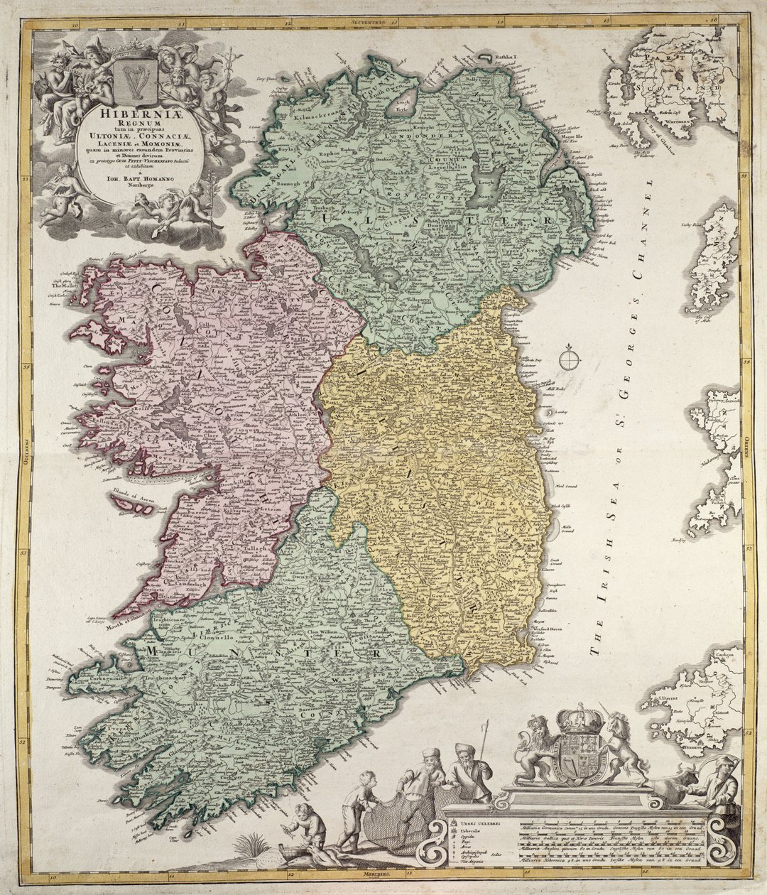 Kort over Irland, der viser provinserne Ulster, Munster, Connaught og Leinster, af Johann B. Homann, ca. 1730 (håndfarvet gravering) af Johann Baptista Homann
