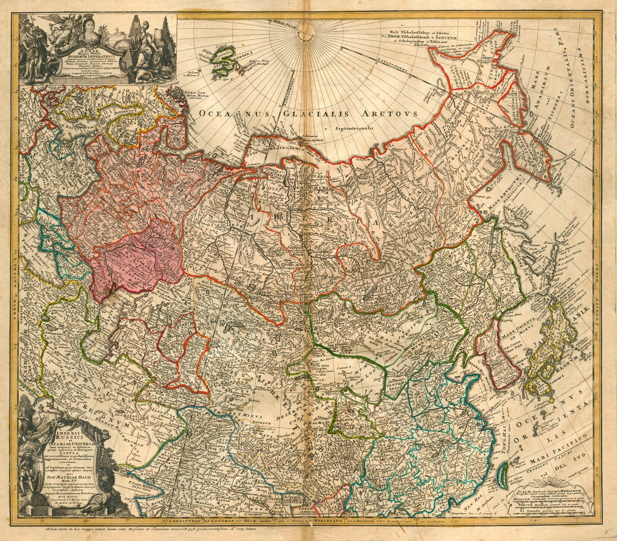 Kort over Rusland (Fra: Imperii Russici et Tartariae universae so majoris et Asiaticae qua miniris et Europaeae tabula) - Homann, Johann Baptist (1663-1724) - 1738 - Kobberstik, akvarel - Privat samling af Johann Baptista Homann
