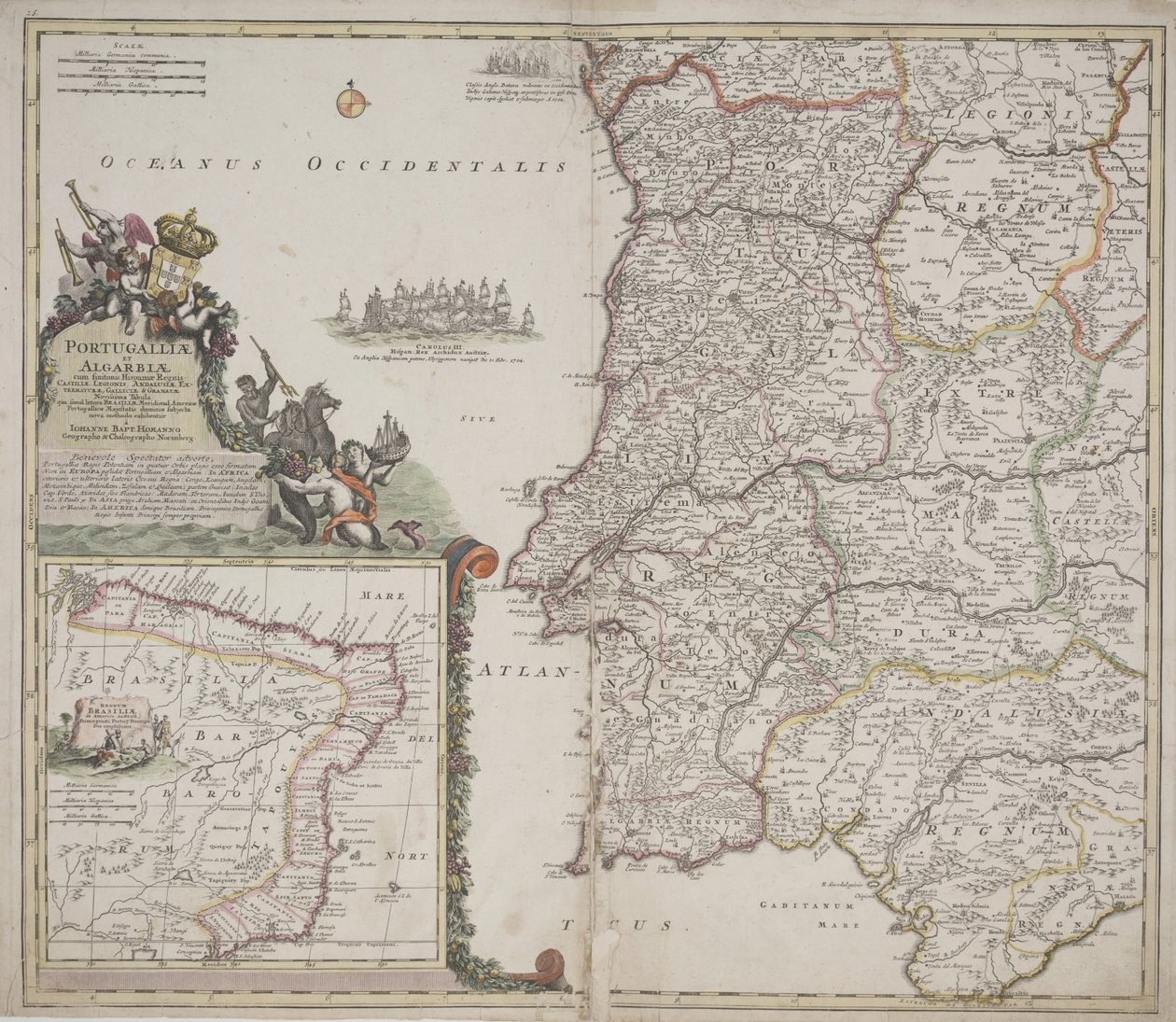 Portugal og Algarve (Portugallia et Algarbiae), ca. 1704 (håndfarvet radering) af Johann Baptista Homann