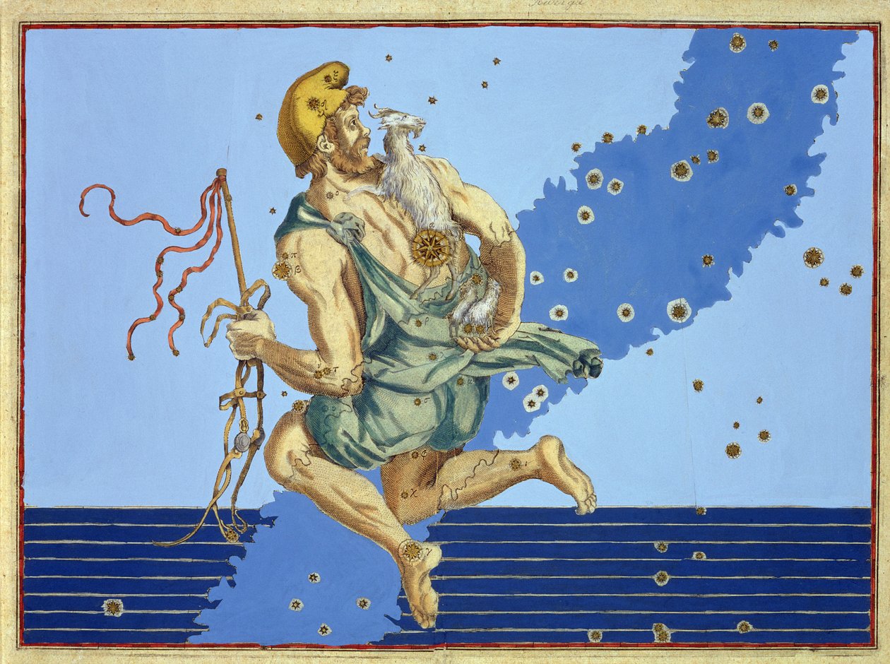 Auriga, stjernebilledet for den nordlige halvkugle, fra "Uranometria" af Johann Bayer, graveret af Alexander Mair (1559-c.1616) 1603 (håndkoloreret kobberstik) af Johann Bayer
