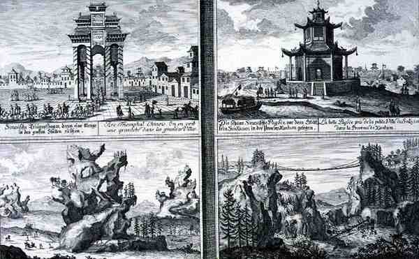 Fire visninger, der viser en kinesisk triumfbue, en pagode ved Sinkicien i Xantum-provinsen, kunstige bjerge og huler og en kædebro nær byen Kingtung, Kina, fra 