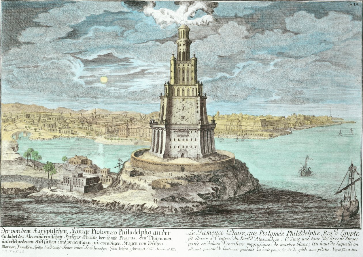 Fyrtårn i Alexandria, bygget af Ptolemæus den Store (36-efter 30 f.Kr.), Egypten, fra Entwurf einer historischen Architektur, indgraveret af Johann Adam Delsenbach (1687-1765) 1721 (senere farve af Johann Bernhard Fischer von Erlach