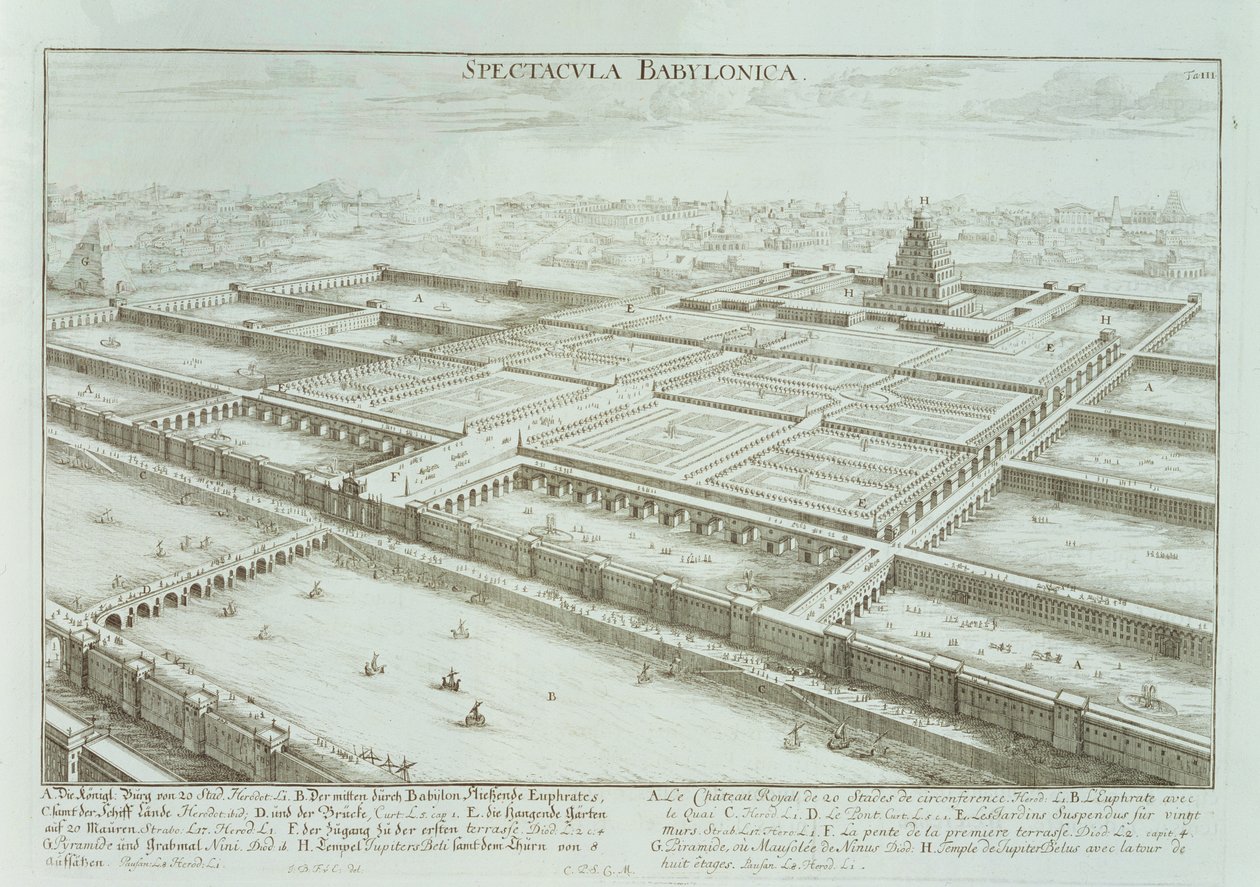 Panoramaudsigt over det kongelige palads og de hængende haver i Babylon, fra "Entwurf einer historischen Architektur", 1721 af Johann Bernhard Fischer von Erlach