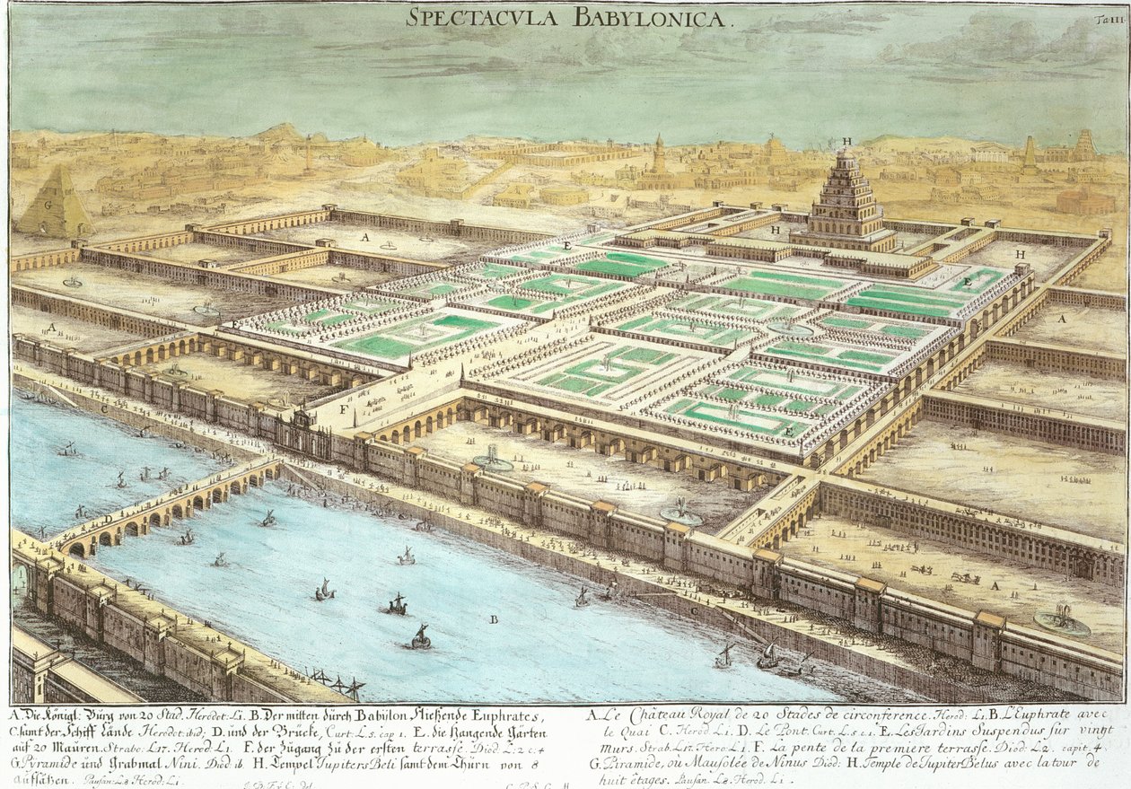 Udsigt over det antikke Babylon, der viser de hængende haver og Jupiter Belus-templet, plade 3 fra 