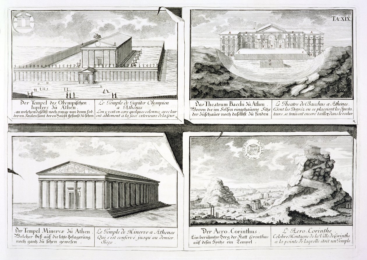 Udsigt over fire klassiske bygninger: Zeus-templet, Dionysos-teatret i Athen, Athene-templet i Athen og et tempel i Korinth, fra Entwurf einer historischen Architektur, af Johann Bernhard Fischer von Erlach