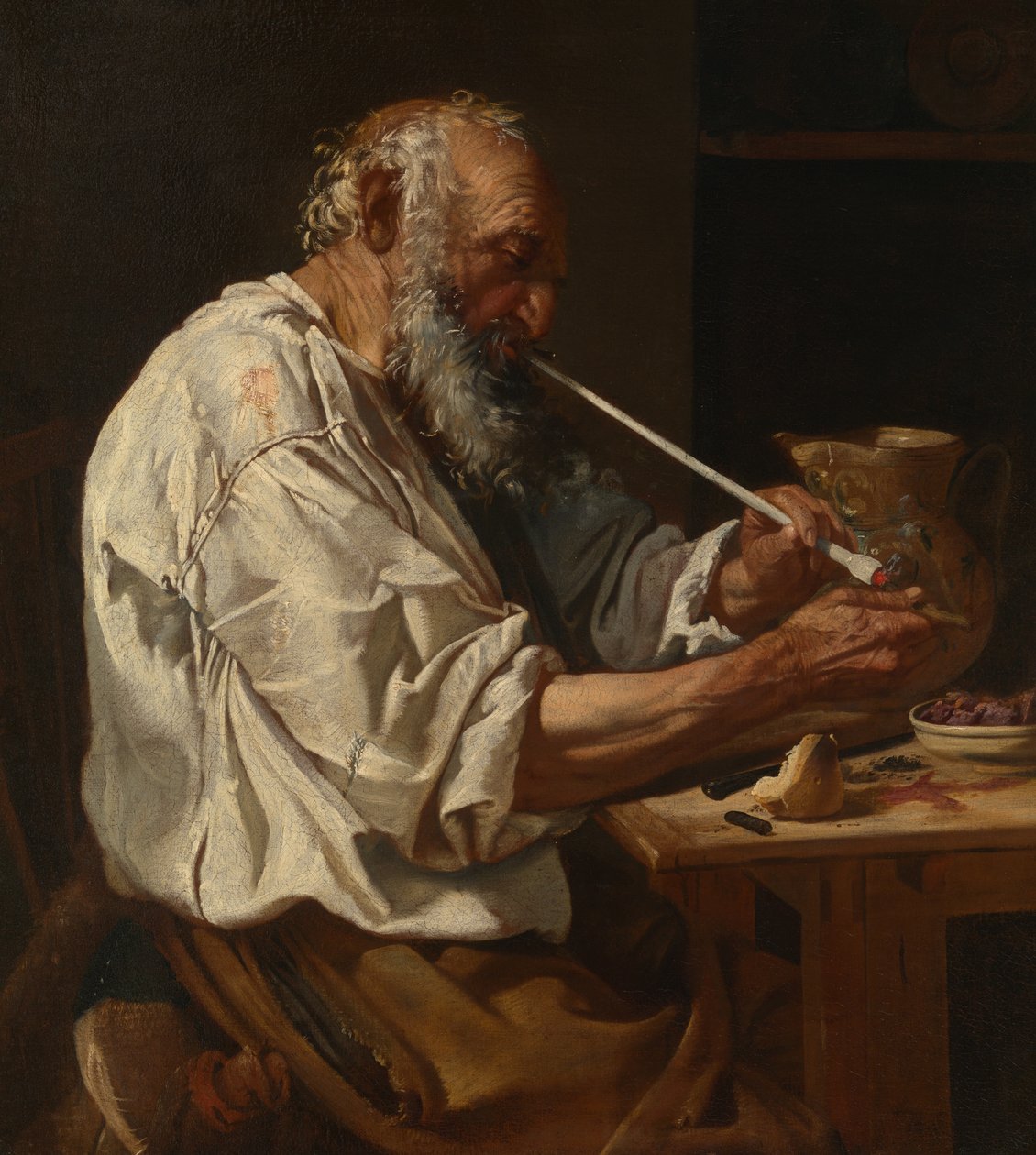Gammel mand tænder en pibe af Johann Carl Loth