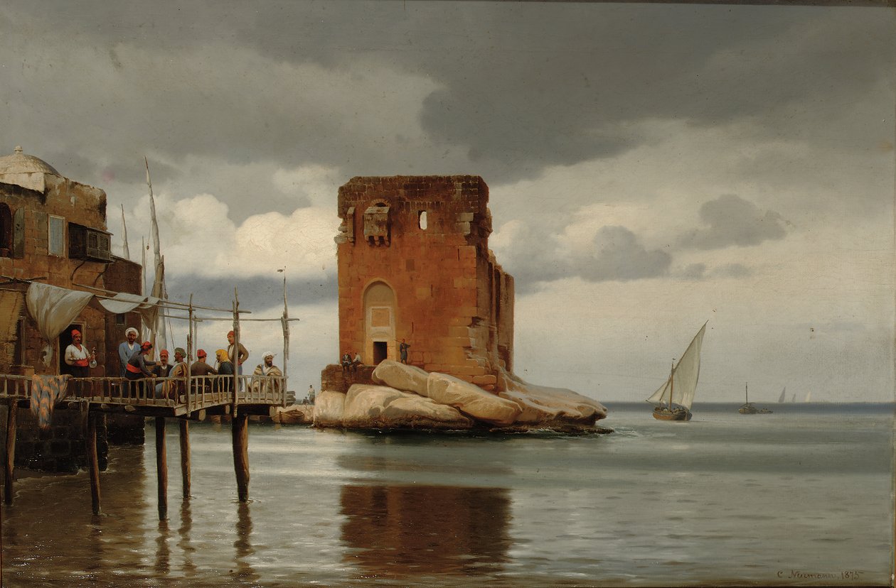 Ved toldboden i Beyrouth. Scene af en havn med en betalingshavn, Beirut af Johann Carl Neumann