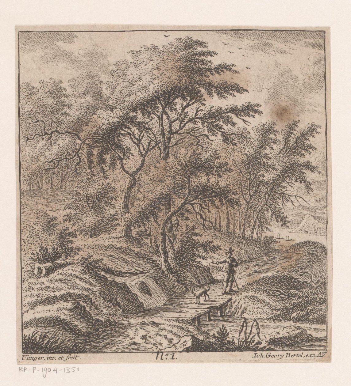 Mand med en hund, der går langs en skovkant af Johann Caspar Ulinger