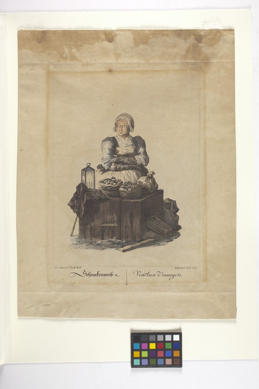 Schneckenweib Or Vendeuse Des Escargots (Snegleforhandler) (håndfarvet radering) af Johann Christian (after) Brand