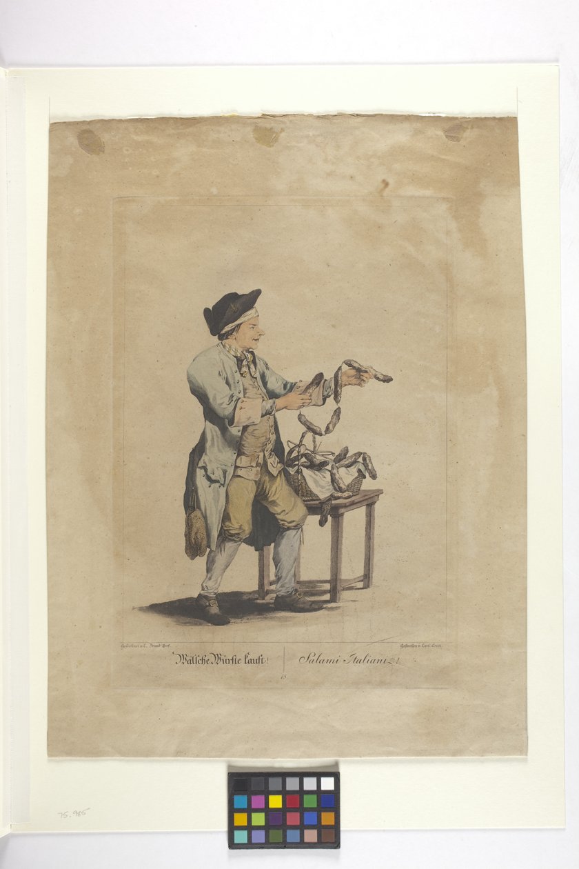 Wälsche Würste Kauft - Salami Italiani (håndfarvet radering) af Johann Christian (after) Brand