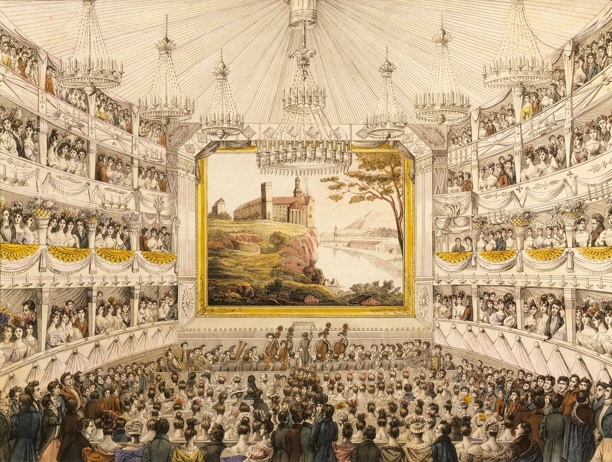 Østrig, Wien, Interiør af Theater an der Wien (Wien Theater), akvareltryk af J.C. Schoeller af Johann Christian (after) Schoeller