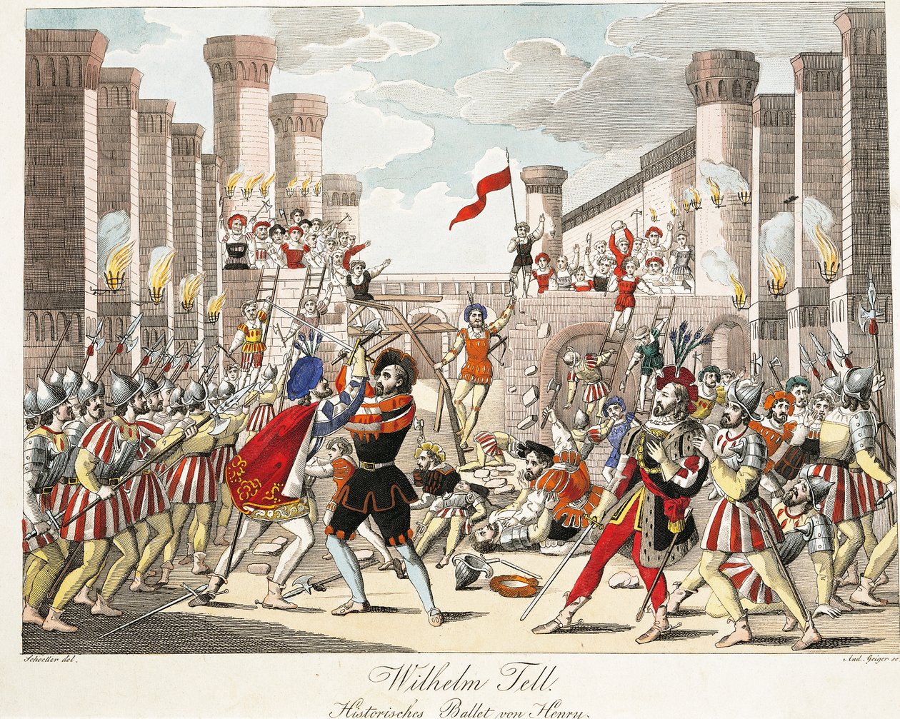 Historisk ballet af Henrik, scene fra "Wilhelm Tell" af Gioachino Rossini, graveret af Geiger (farvestik) af Johann Christian (after) Schoeller