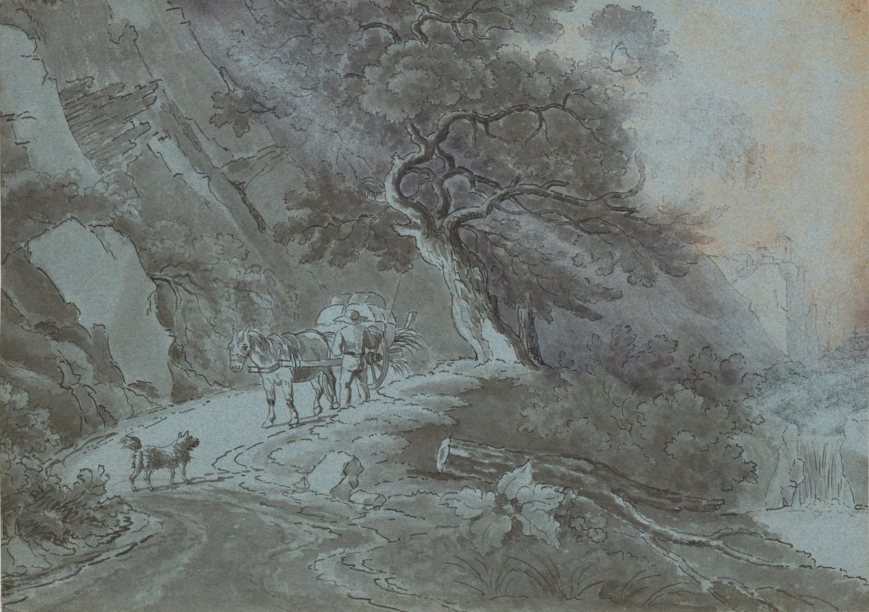 Landmand med hestevogn på skovsti i tordenvejr af Johann Christian Brand