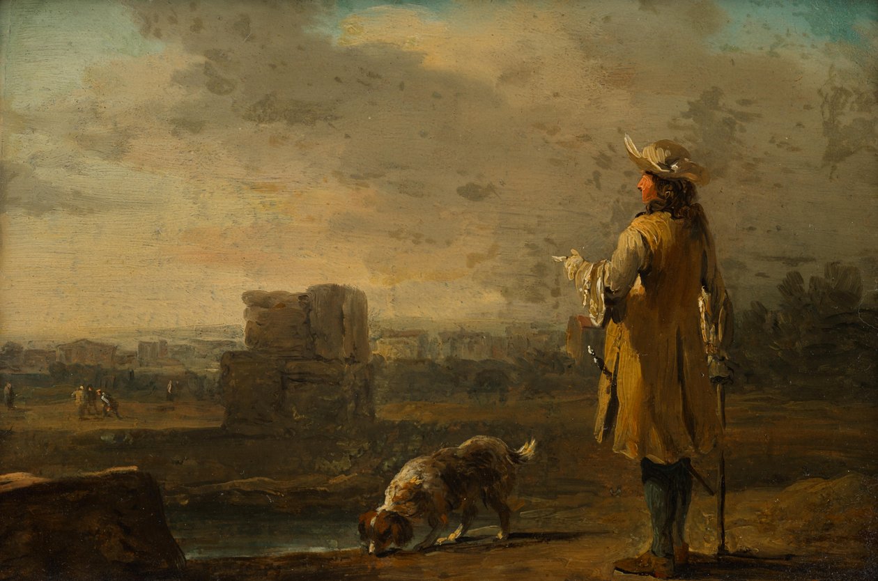 Herre med hund i landskab af Johann Christian Brand