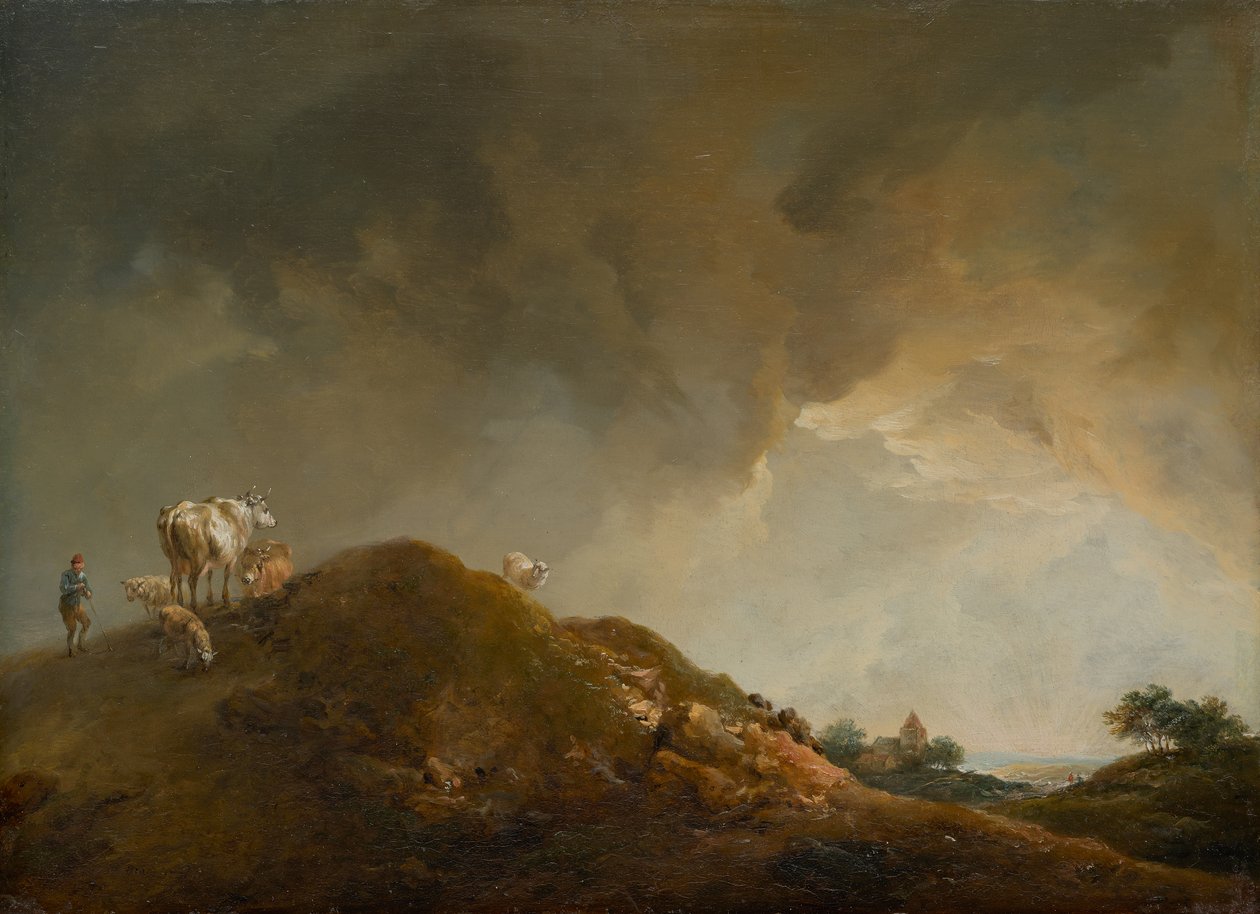 Bakket landskab med køer og får af Johann Christian Brand