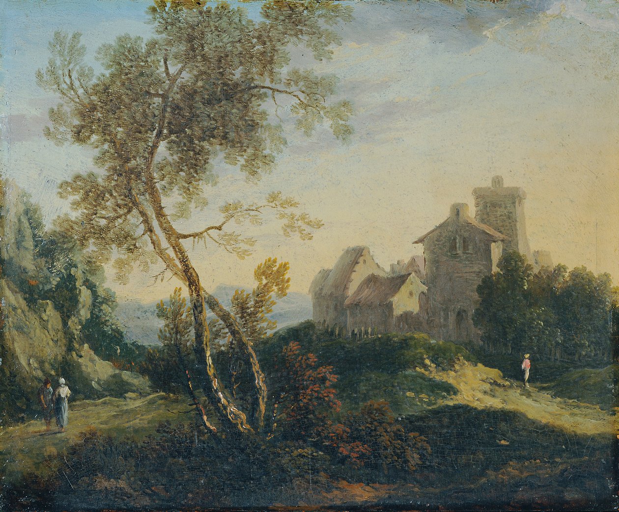 Ideelt landskab med træer og befæstet landsby (aftenen) af Johann Christian Brand