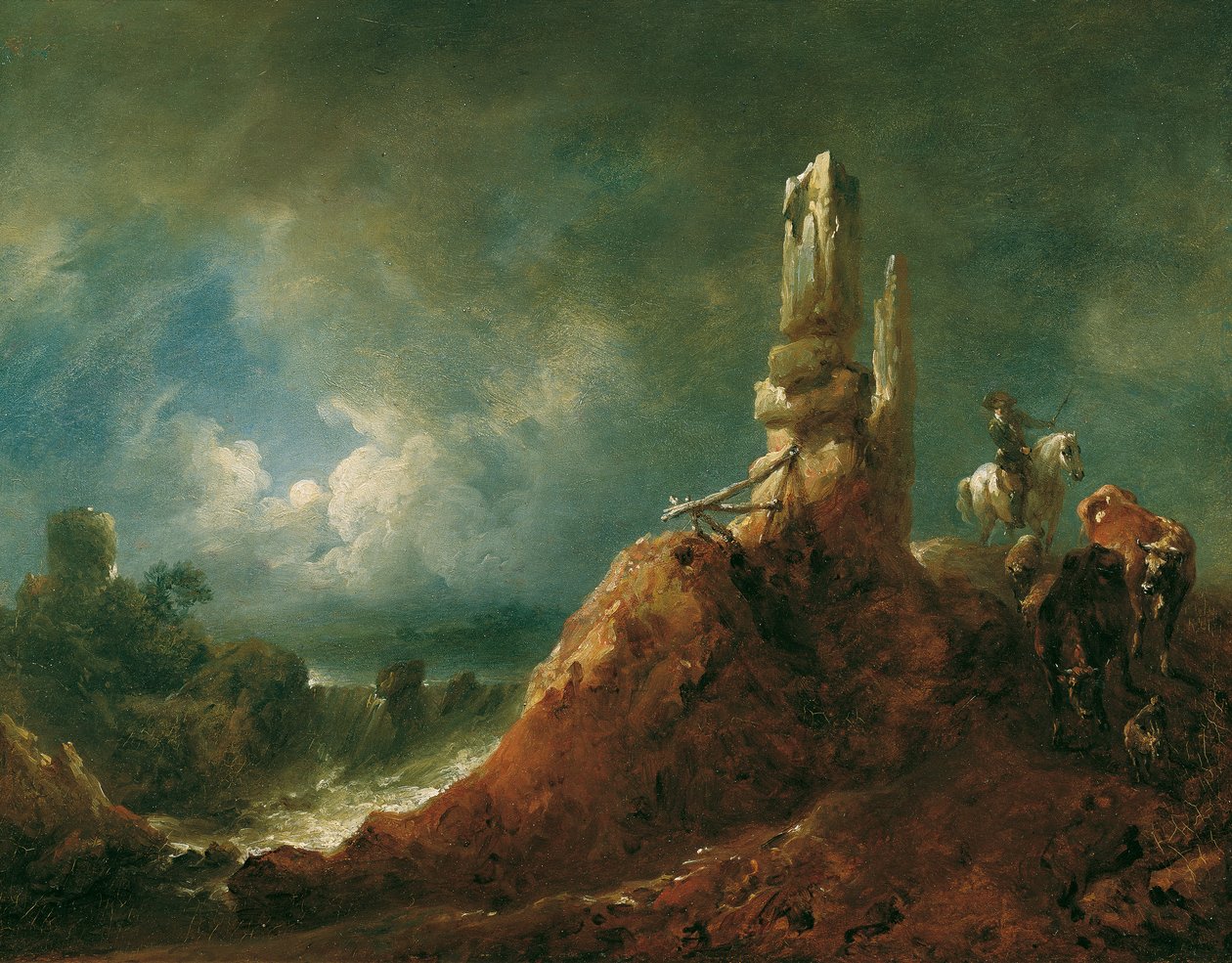 Landskab med ruiner og ryttere ved måneskin af Johann Christian Brand
