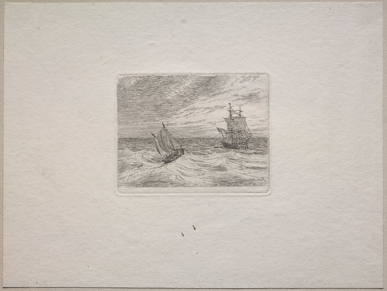 Barsk sø med en to-master og sejlbåd af Johan Christian Dahl