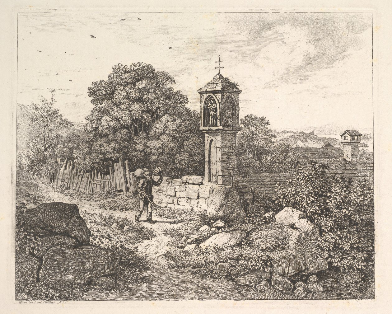 En bonde hilser på statuen af Maria, 1817. af Johann Christian Erhard