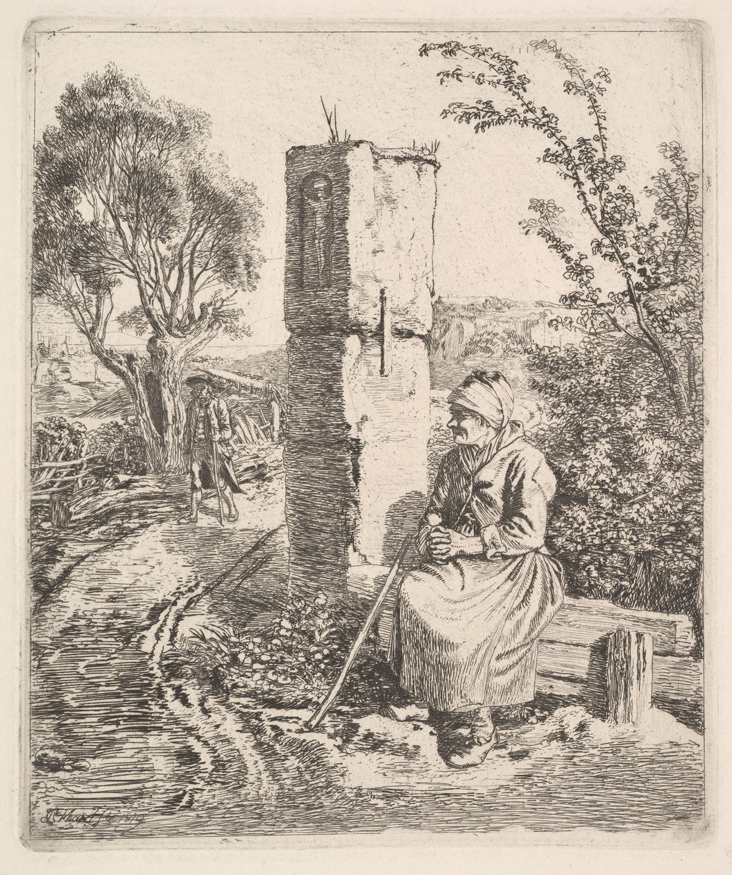 En gammel dame, der sidder nær en søjle ved siden af vejen, 1819. af Johann Christian Erhard