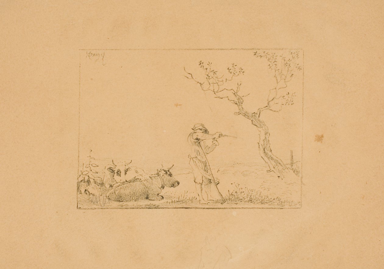 Hyrde, der skærper en le, med kvæg af Johann Christian Klengel