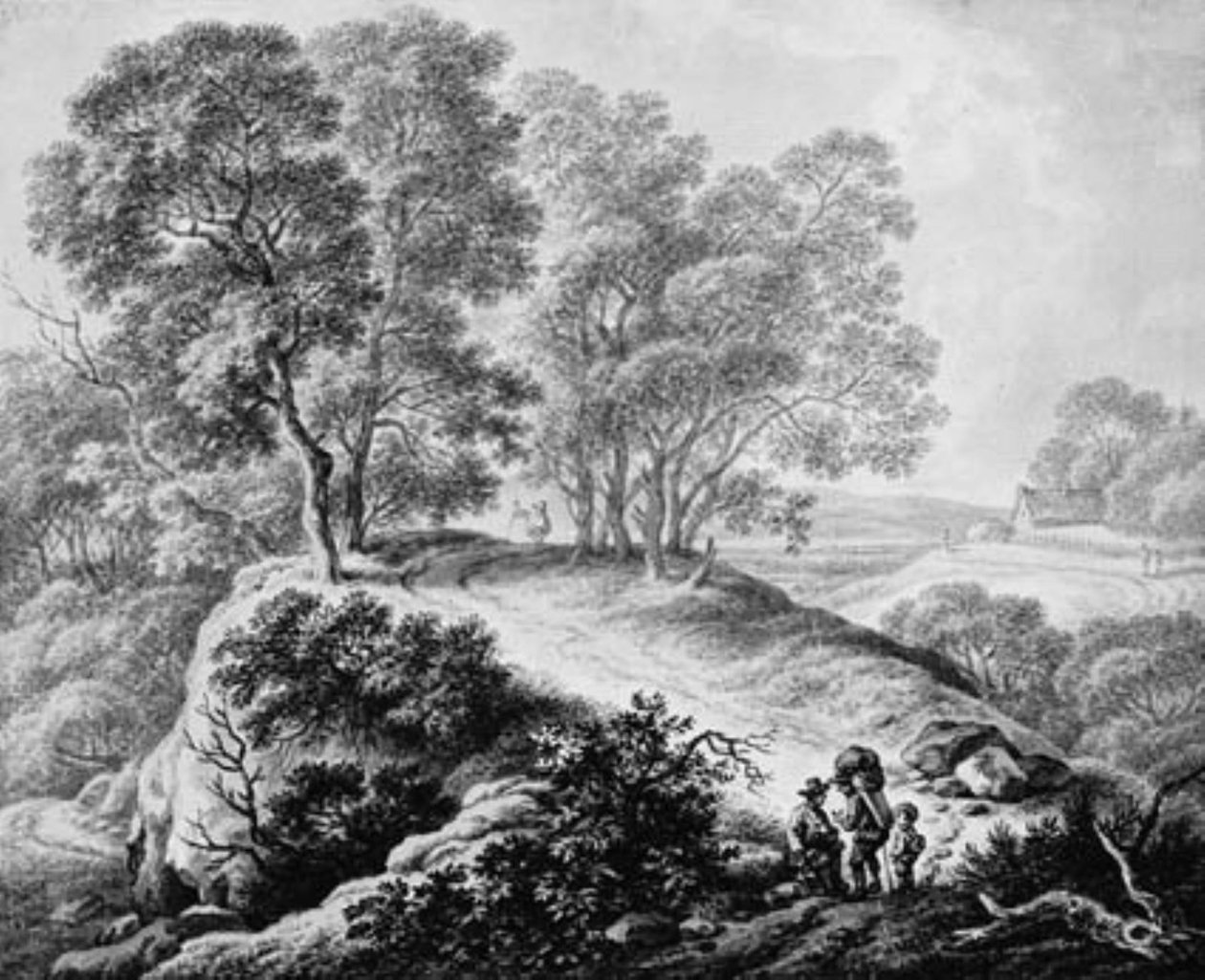 Landskab med figurer og vej mellem høje træer af Johann Christian Klengel