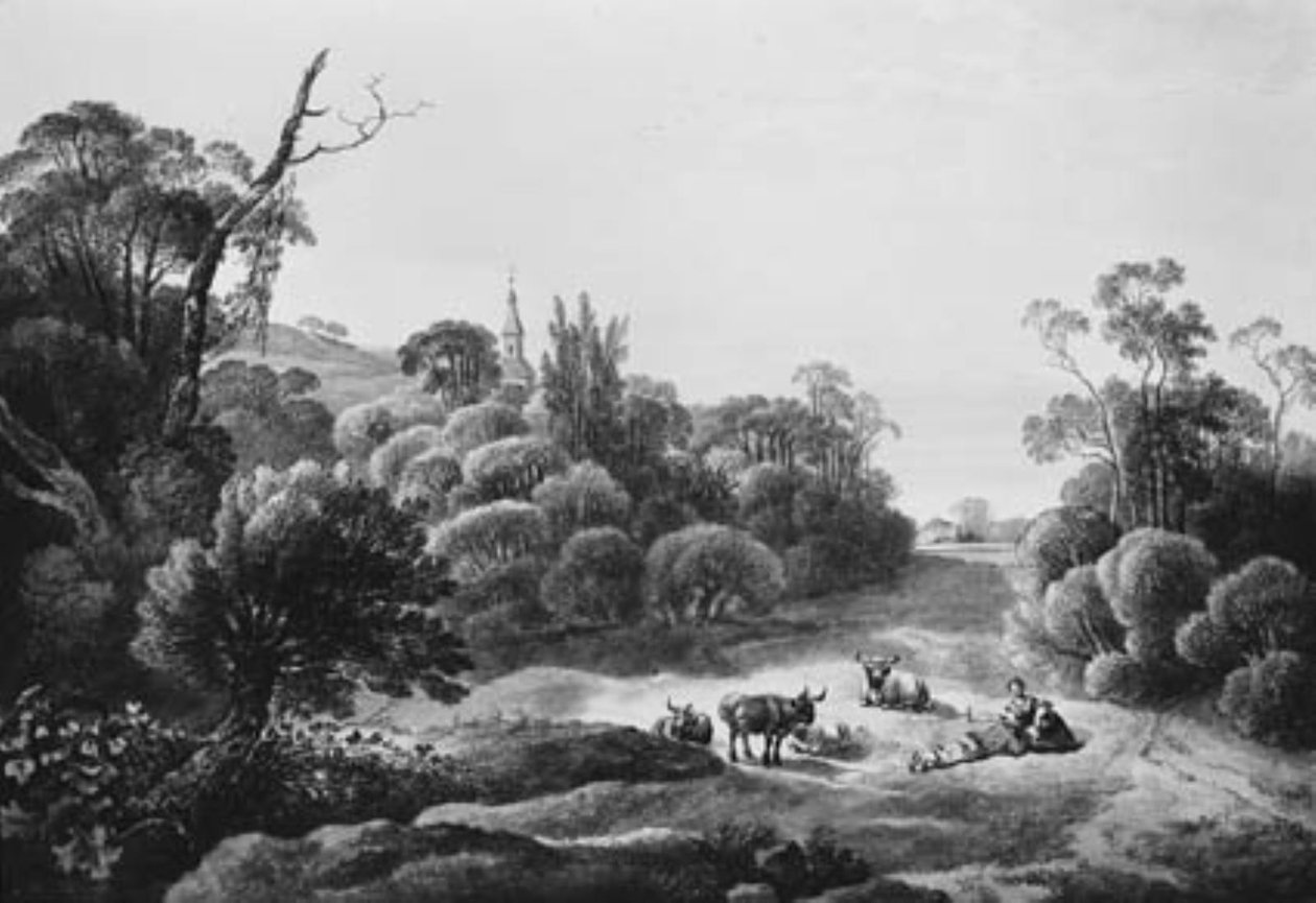 Landskab med kvæg og hyrdepar af Johann Christian Klengel