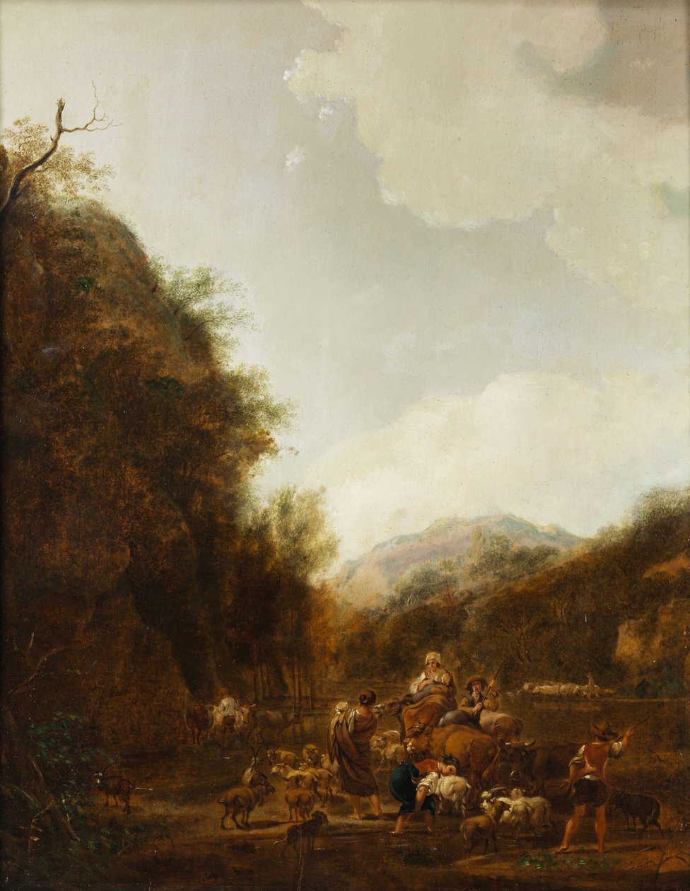 Bjerglandskab med hyrder og kvæg ved drikketruget af Johann Christian Klengel