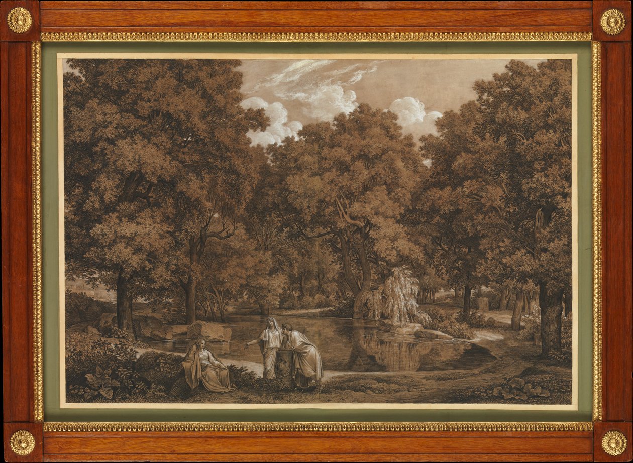 Arkadisk landskab med tre figurer ved en sø af Johann Christian Reinhart
