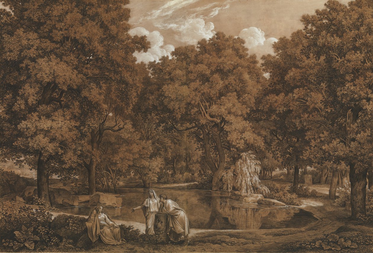 Arkadisk landskab med tre figurer ved en sø, 1792. af Johann Christian Reinhart
