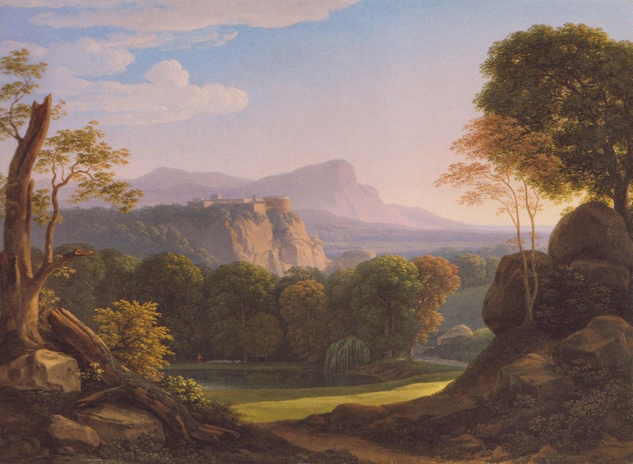 Tysk: Italienische Landschaft mit Schloss auf einem Bergrücken Italiensk landskab med slot på en højderyg af Johann Christian Reinhart