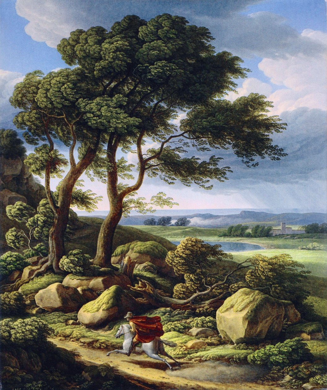 Tysk: Stormfuldt landskab med rytter. af Johann Christian Reinhart