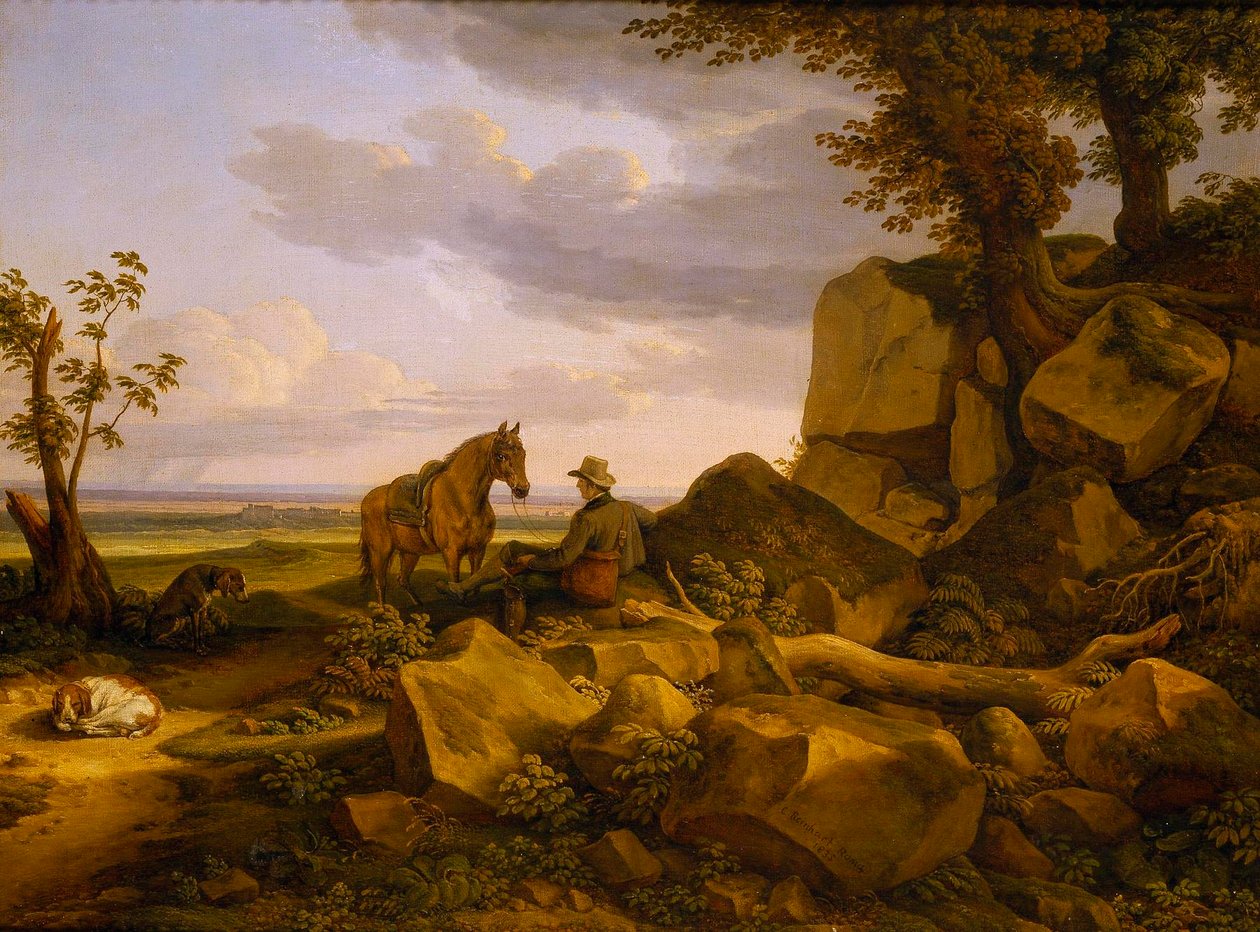 Italiensk landskab med hvilende jæger, selvportræt af Johann Christian Reinhart