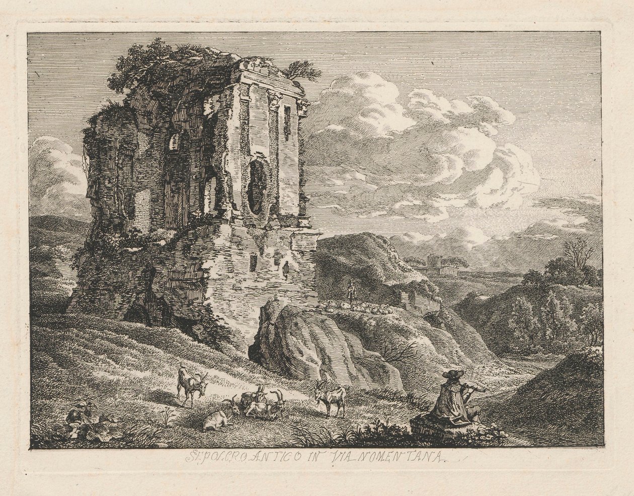 Et landskab med en antik grav; til højre ses geder og en hyrde, der spiller på en fløjte af Johann Christian Reinhart