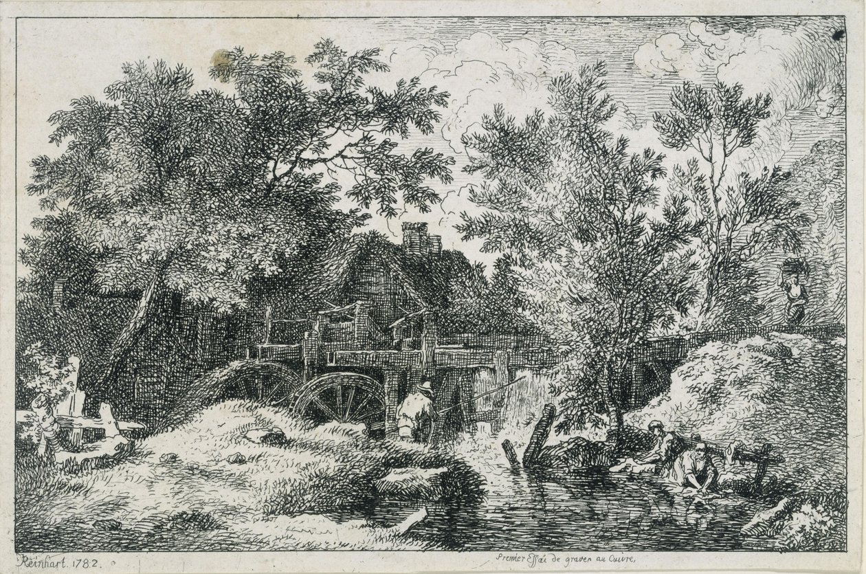 Landskab med vandmølle (første forsøg på kobberstik) af Johann Christian Reinhart
