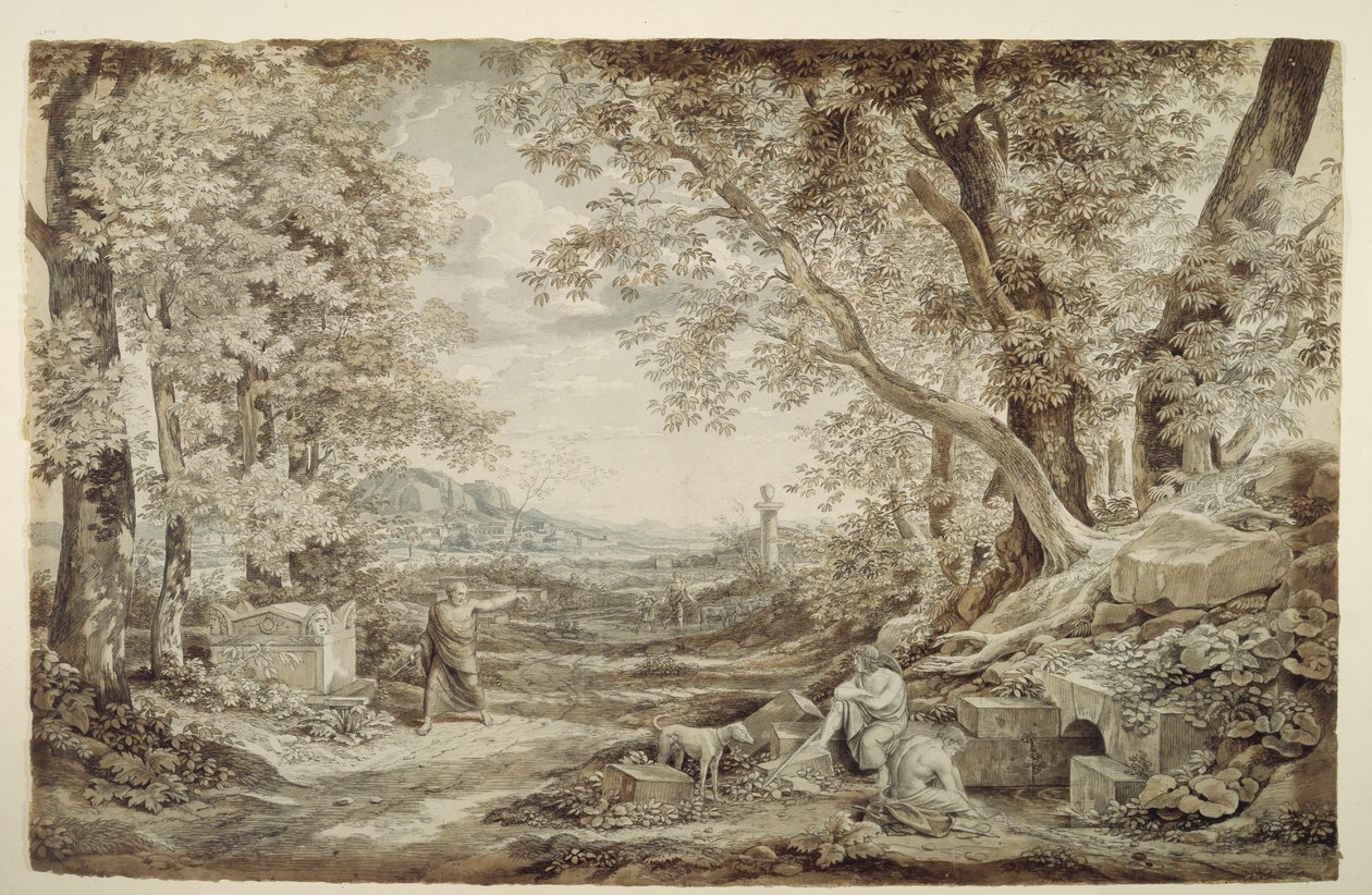 Landskab med antikke monumenter („Opfindelsen af det korintiske kapitæl“) af Johann Christian Reinhart