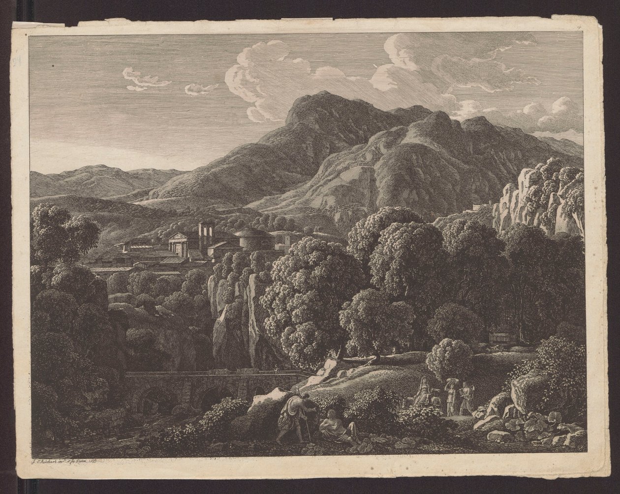 Et bjerglandskab med en by med klassisk arkitektur i baggrunden af Johann Christian Reinhart