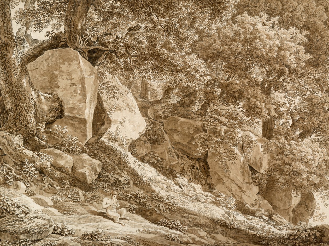 Klippelandskab med pan, der spiller på fløjten (I parken ved Villa Chigi, Ariccia) af Johann Christian Reinhart