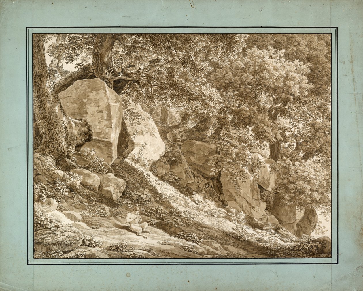Rocky Landscape with Pan Playing His Flutedani af Johann Christian Reinhart