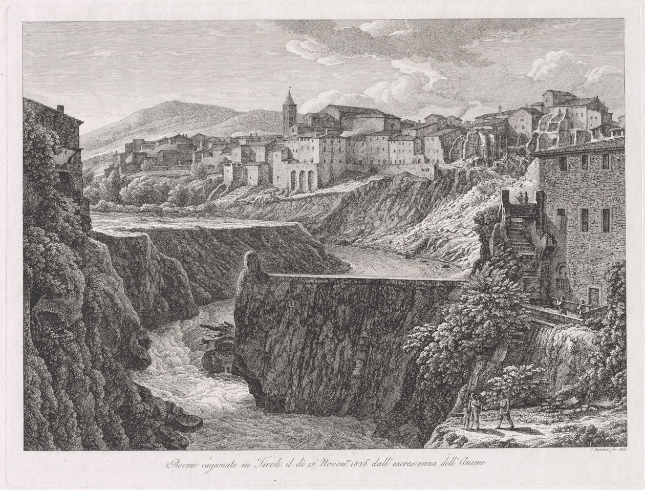 Ruiner forårsaget i Tivoli, af udvæksten af ​​Aniene (Tivoli beskadiget af floden Aniene-floden) af Johann Christian Reinhart
